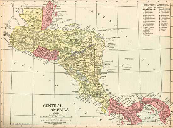 1915 Map of Guatemala, the Honduras, Salvador, Nicaragua, Costa Rica & Panama Canal