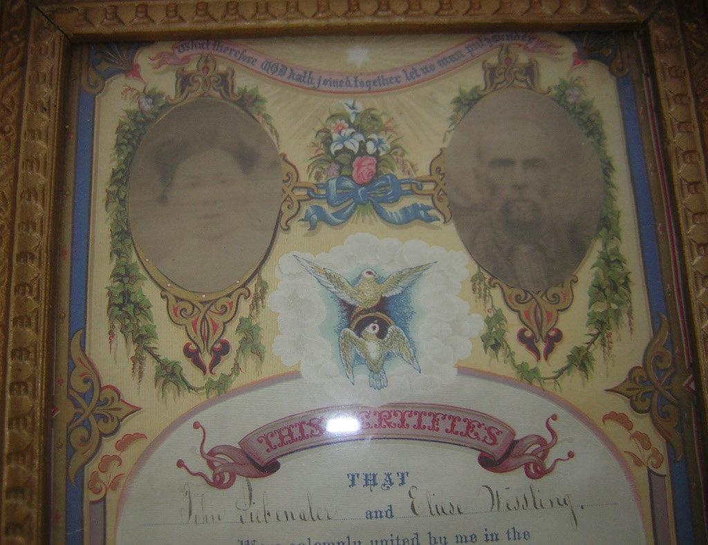 Framed 1874 John Siebenaler and Eliese / Lizzie Wessling Wedding Certificate, Chicago, Illinois
