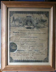 Framed 1874 John Siebenaler and Eliese / Lizzie Wessling Wedding Certificate, Chicago, Illinois