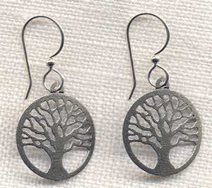 Round Silvertone Family Tree Earring