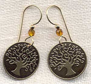 Round Brass Family Tree Earring with amber bead