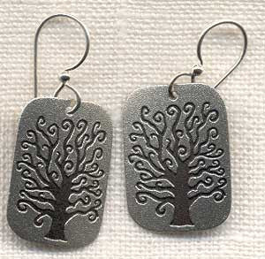 Rectangular Family Tree Silvertone Earrings with silver bead