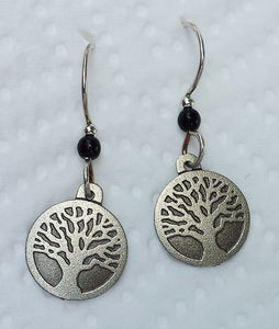 Tiny Silvertone Tree with Black Bead Earrings