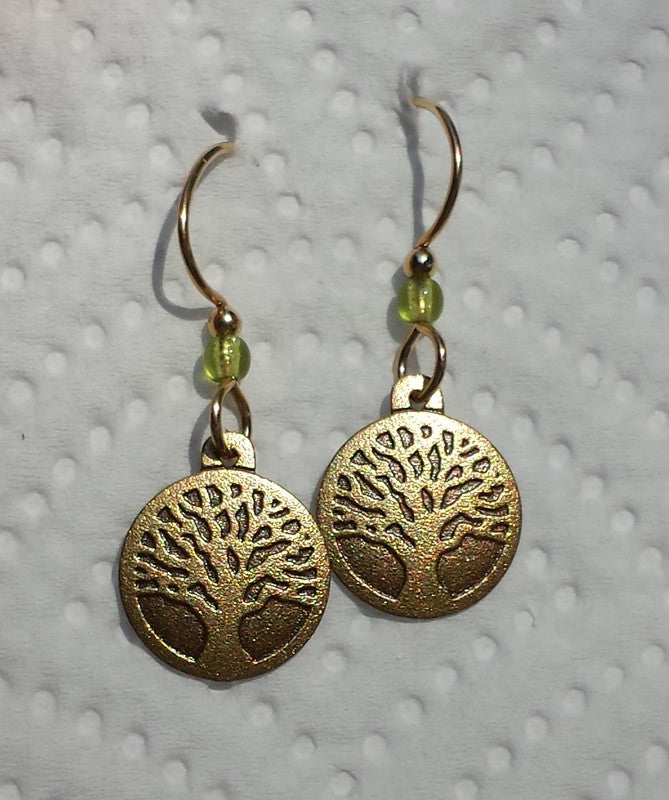Tiny Brass Tree Earrings with Peridot Bead