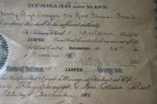 Marriage License of Harry Floyd Swaysee and Nora Odessa Poisel, Jasper County, Indiana - 1910